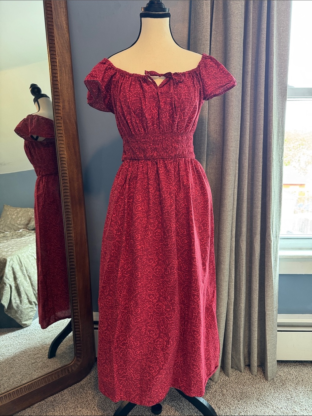 Women's Red 100% Cotton Smocked Waist Maxi Dress
